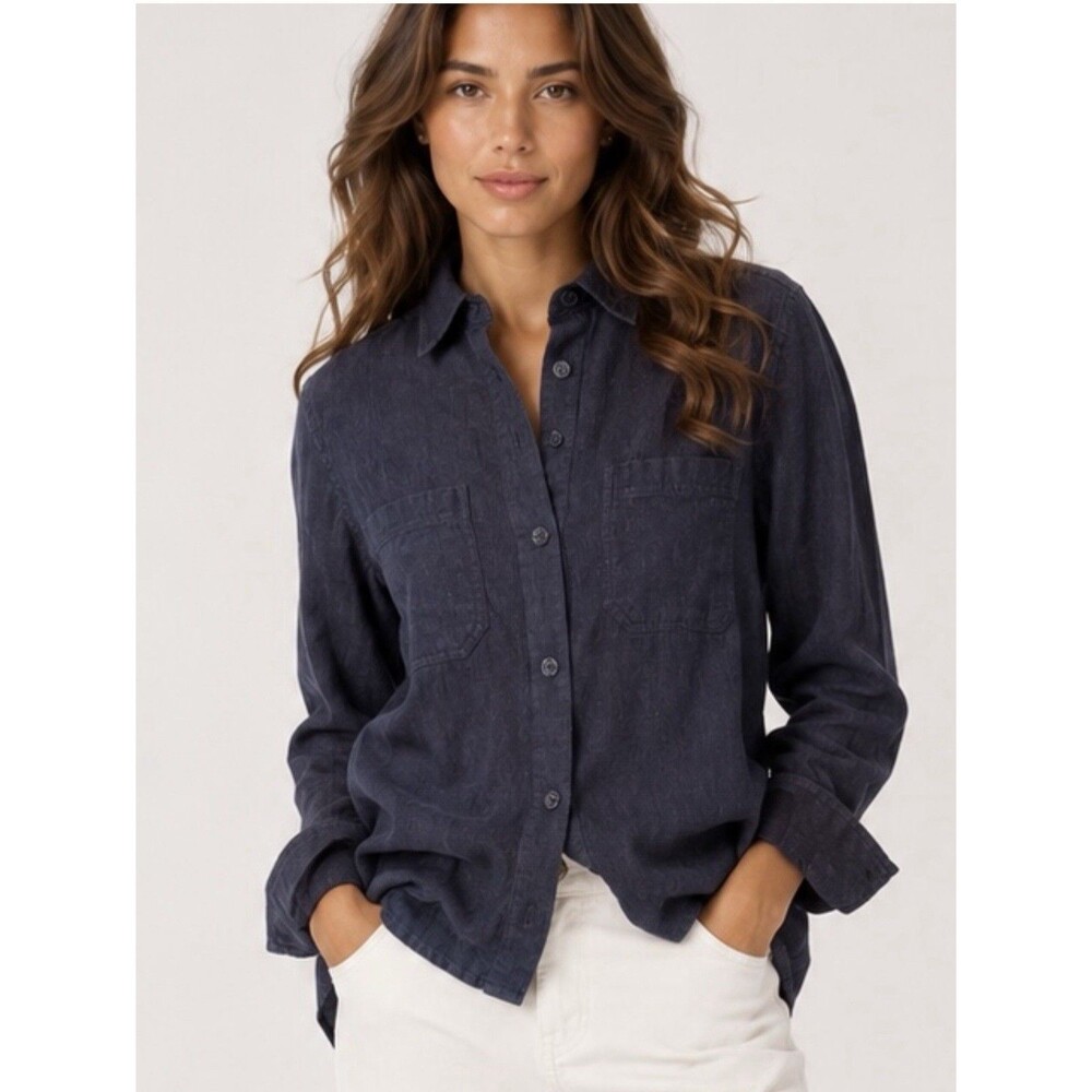 A.P.C. Paris Linen Button Up Shirt Women Sz 40 Indigo  Streetwear Minimal EUC